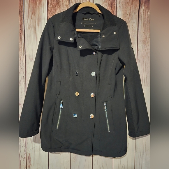 Calvin Klein Womens Large Black Coat With Silver Buttons MISSING BELT & HOOD - Picture 1 of 10